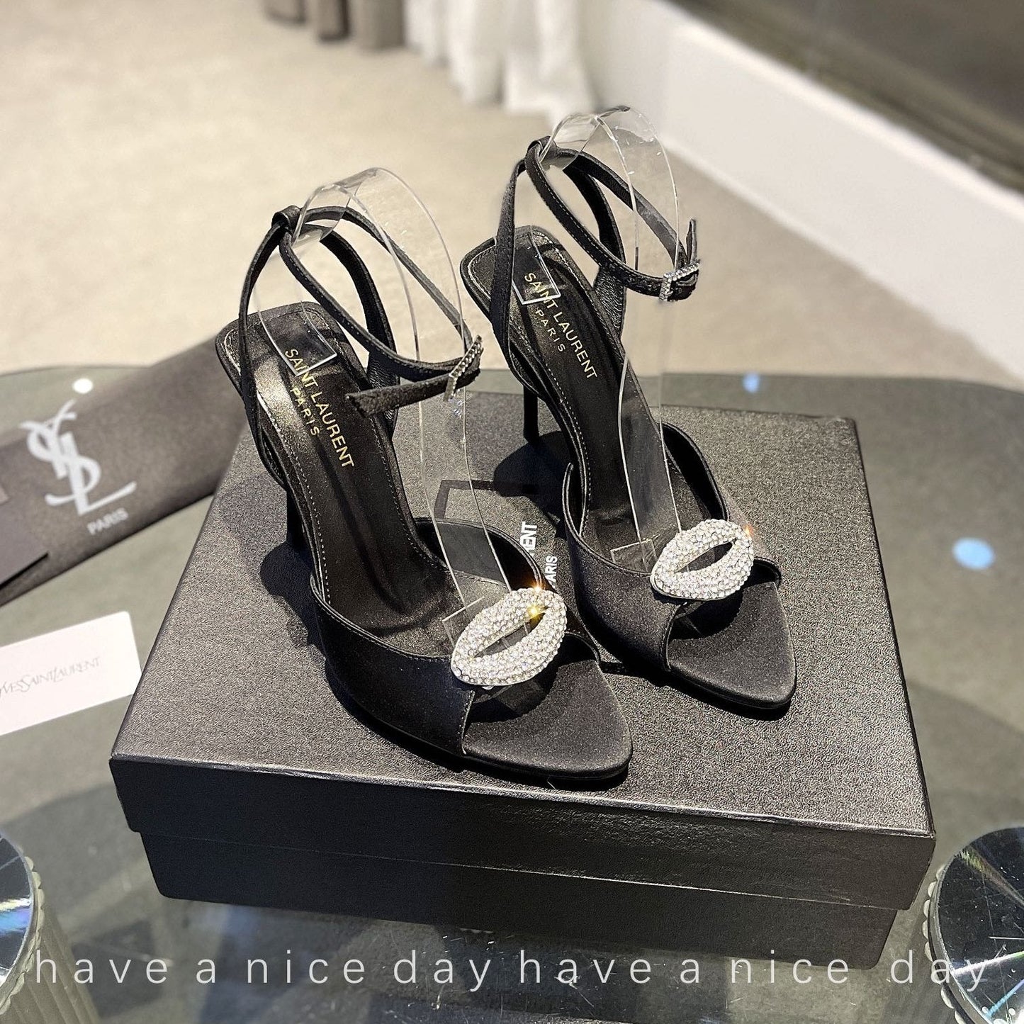 SL AYERS CRYSTAL SANDAL BLACK SATIN - 35