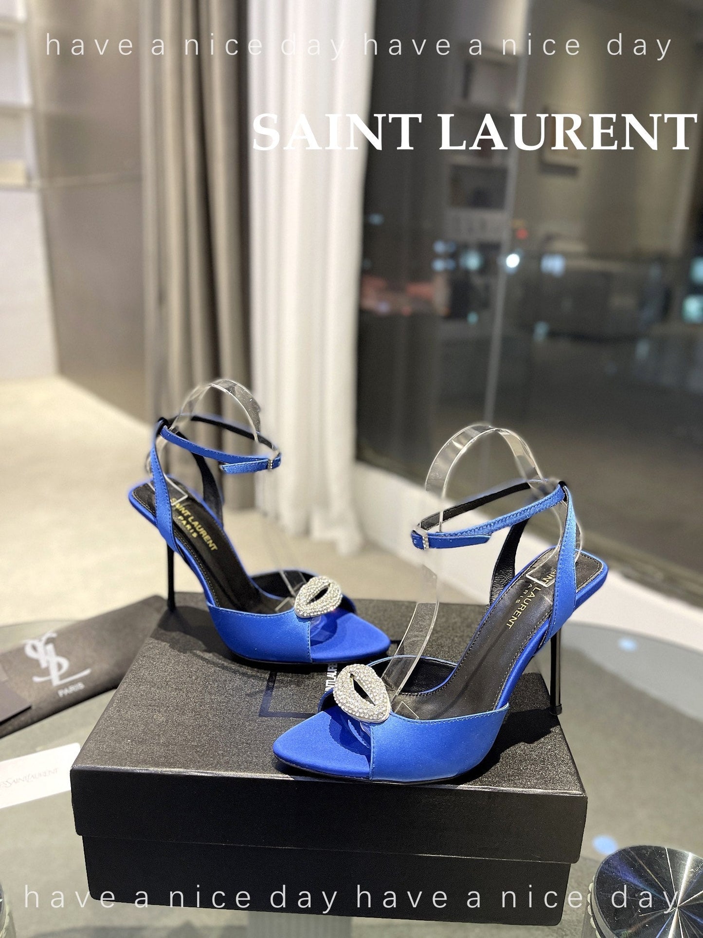 SL AYERS CRYSTAL SANDAL COBALT SATIN - 35