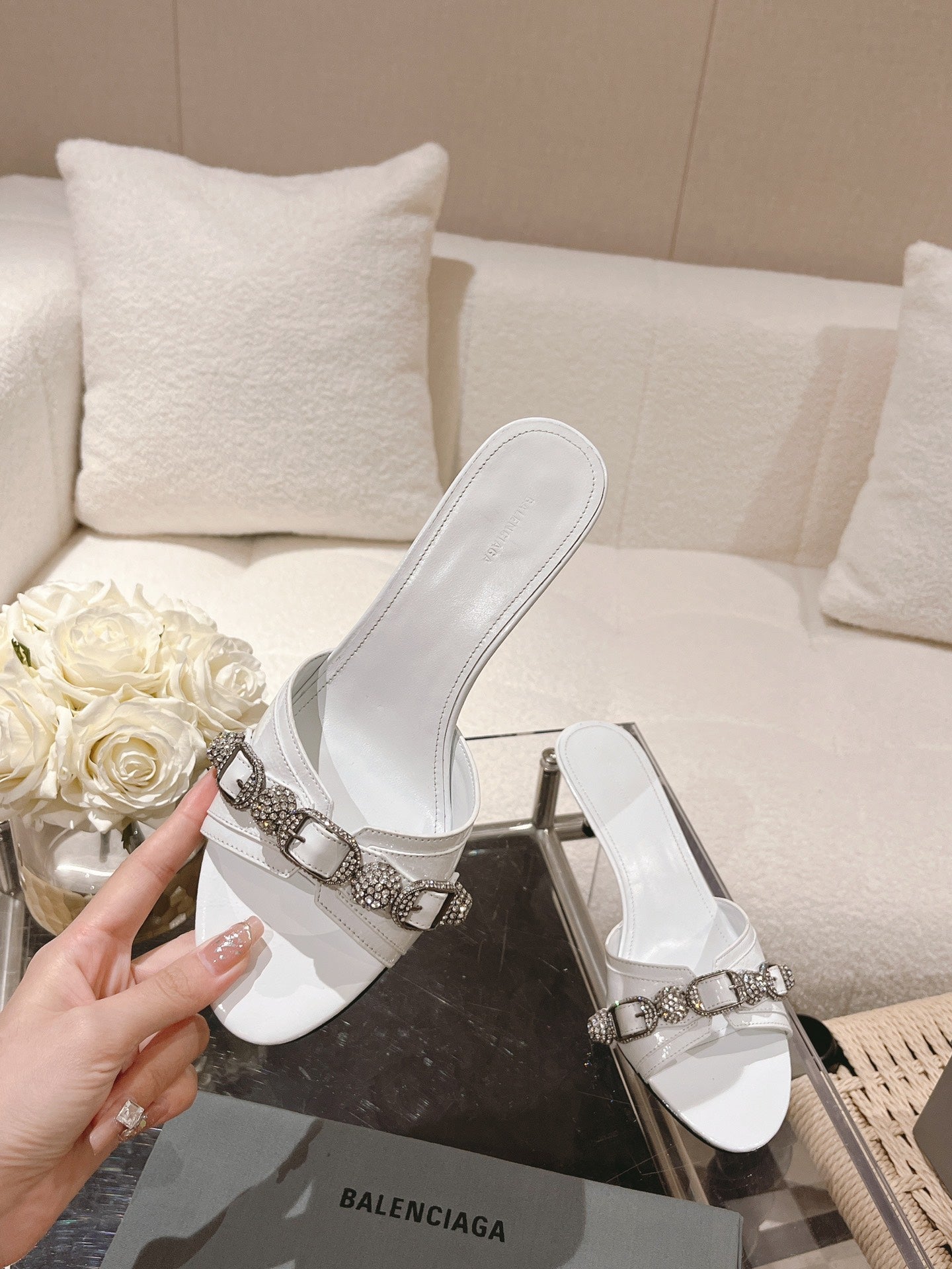 BALENCIAGA 25S HIGH-HEEL SANDALS IN WHITE COW LEATHER WITH RHINESTONE STRAP - 35