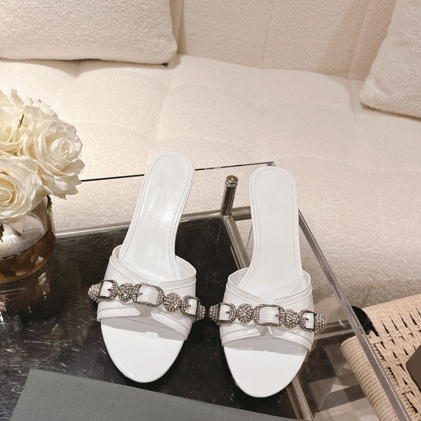 BALENCIAGA 25S HIGH-HEEL SANDALS IN WHITE COW LEATHER WITH RHINESTONE STRAP - 35