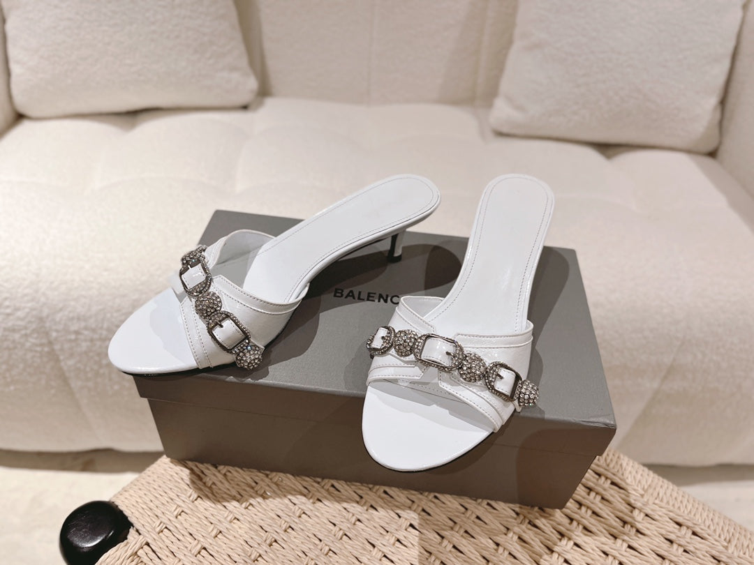 BALENCIAGA 25S HIGH-HEEL SANDALS IN WHITE COW LEATHER WITH RHINESTONE STRAP - 35