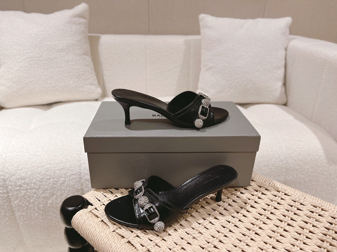BALENCIAGA 25S HIGH-HEEL SANDALS IN BLACK COW LEATHER WITH RHINESTONE STRAP - 35