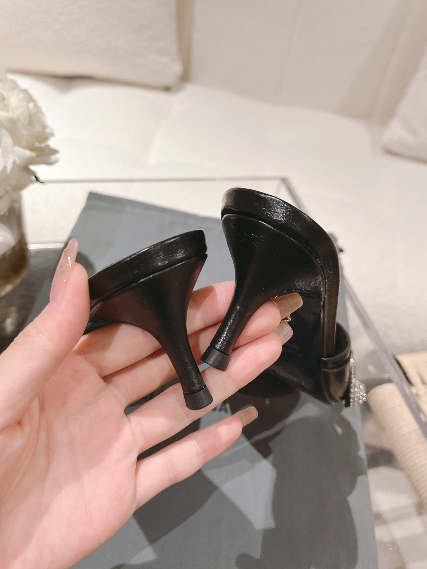 BALENCIAGA 25S HIGH-HEEL SANDALS IN BLACK COW LEATHER WITH RHINESTONE STRAP - 35