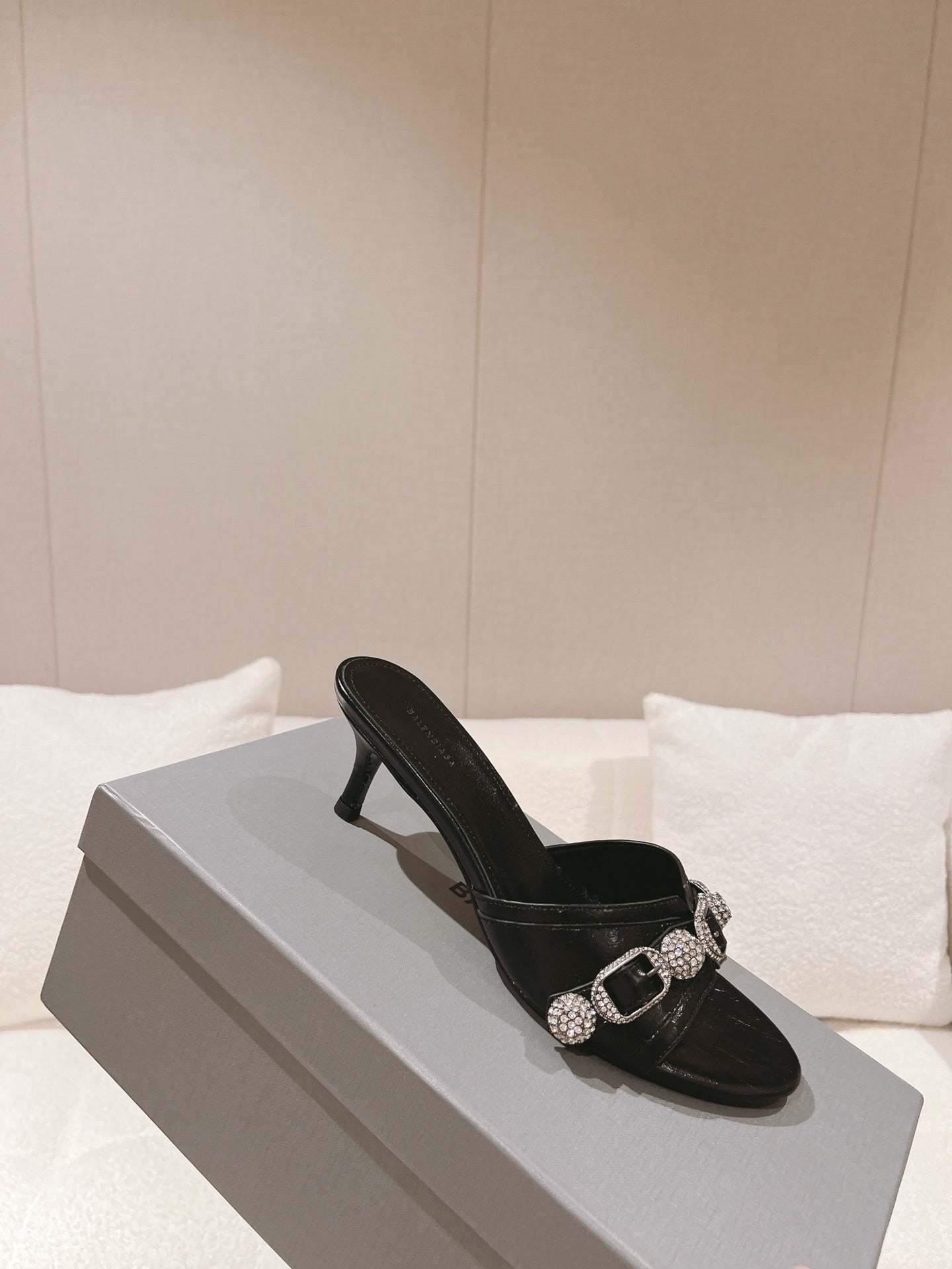 BALENCIAGA 25S HIGH-HEEL SANDALS IN BLACK COW LEATHER WITH RHINESTONE STRAP - 35