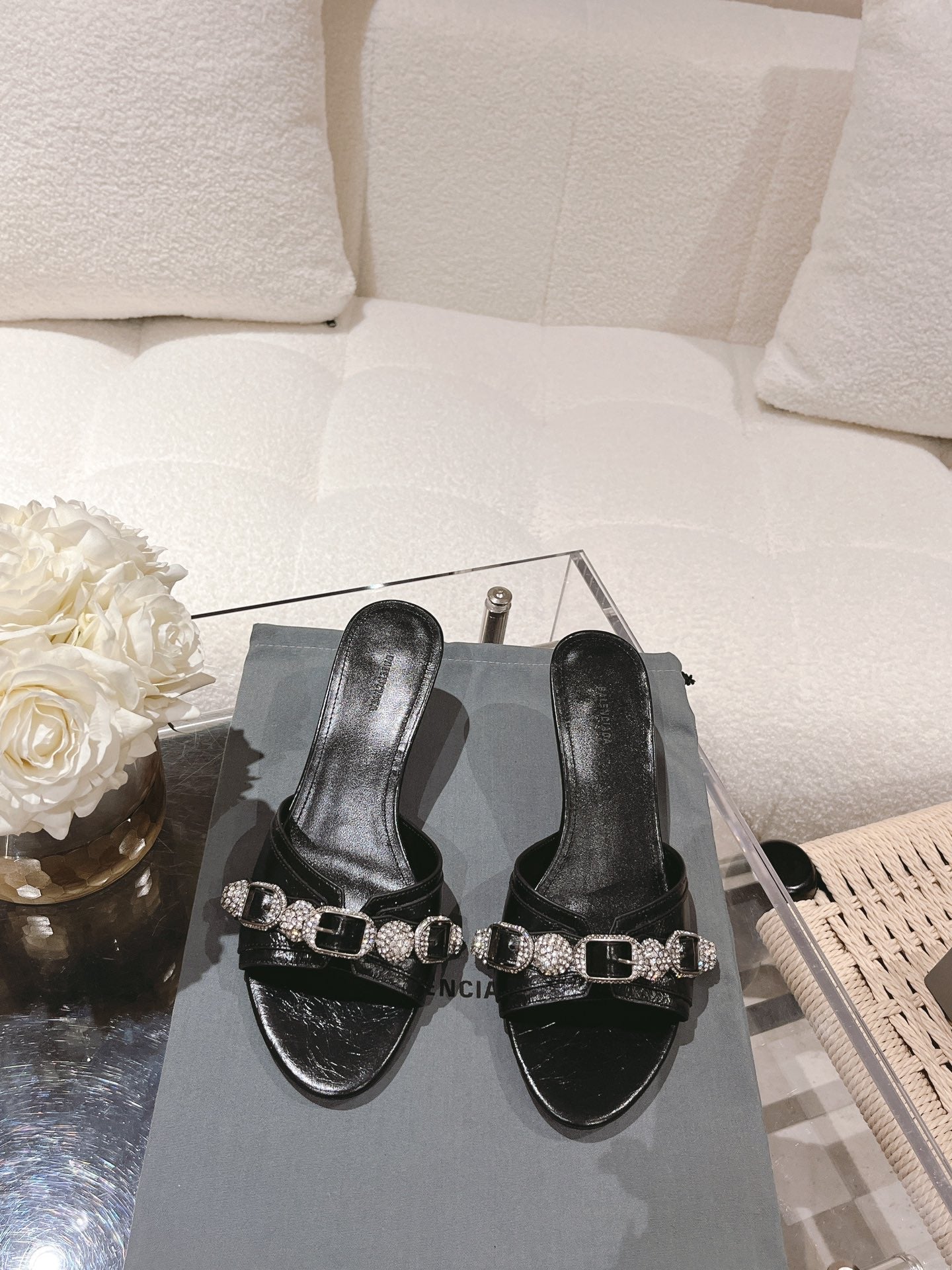 BALENCIAGA 25S HIGH-HEEL SANDALS IN BLACK COW LEATHER WITH RHINESTONE STRAP - 35