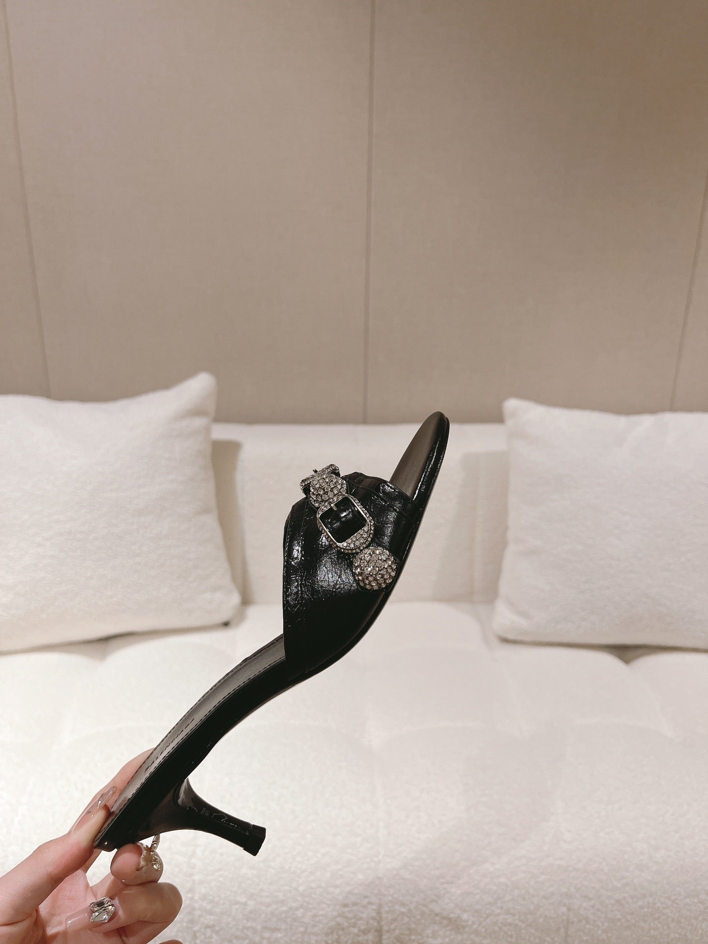 BALENCIAGA 25S HIGH-HEEL SANDALS IN BLACK COW LEATHER WITH RHINESTONE STRAP - 35
