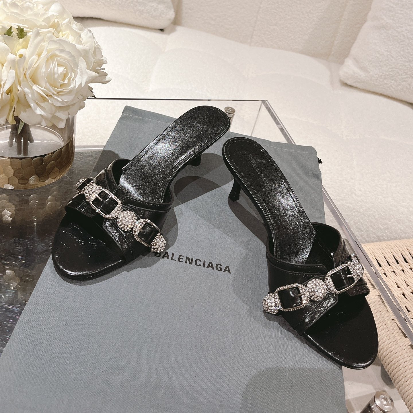 BALENCIAGA 25S HIGH-HEEL SANDALS IN BLACK COW LEATHER WITH RHINESTONE STRAP - 35