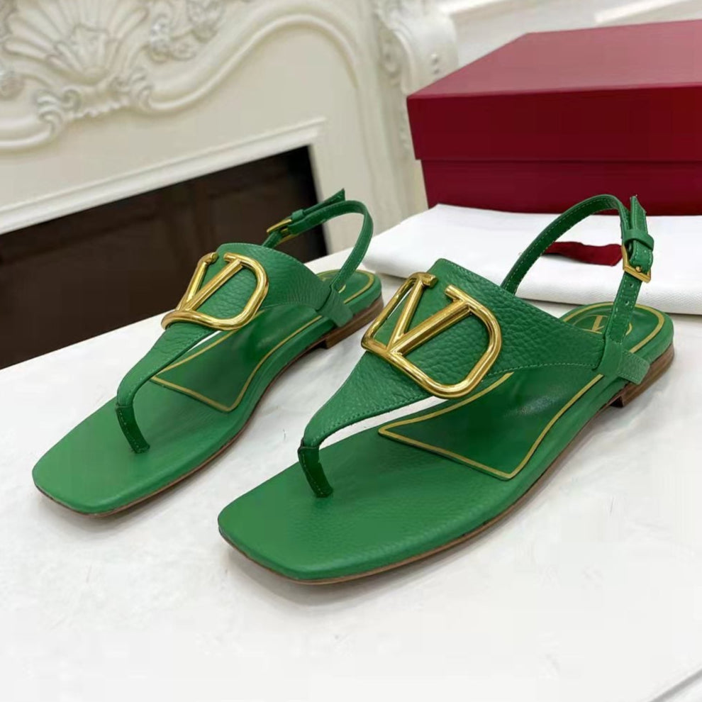 THONG SANDALS IN EMERALD GREEN CALFSKIN WITH GOLD LOGO - 34