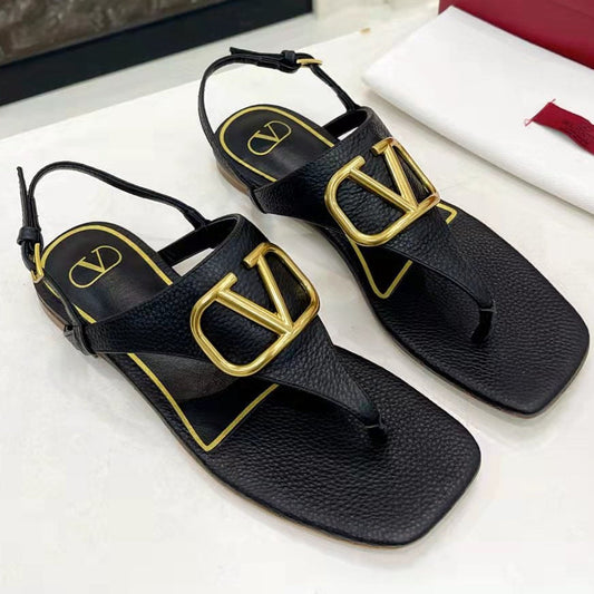 THONG SANDALS IN BLACK CALFSKIN WITH GOLD LOGO - 34