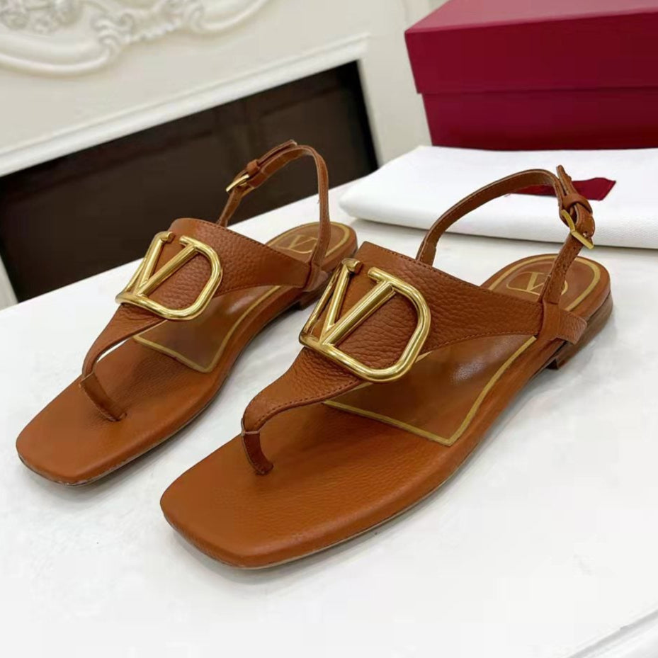 THONG SANDALS IN BRONZE BROWN CALFSKIN WITH GOLD LOGO - 34
