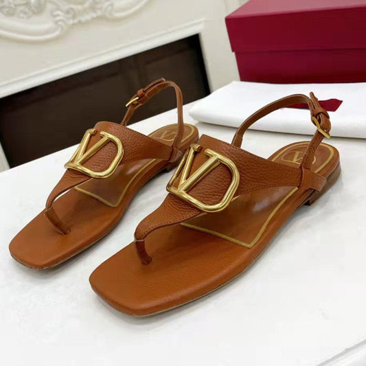 THONG SANDALS IN BRONZE BROWN CALFSKIN WITH GOLD LOGO - 34