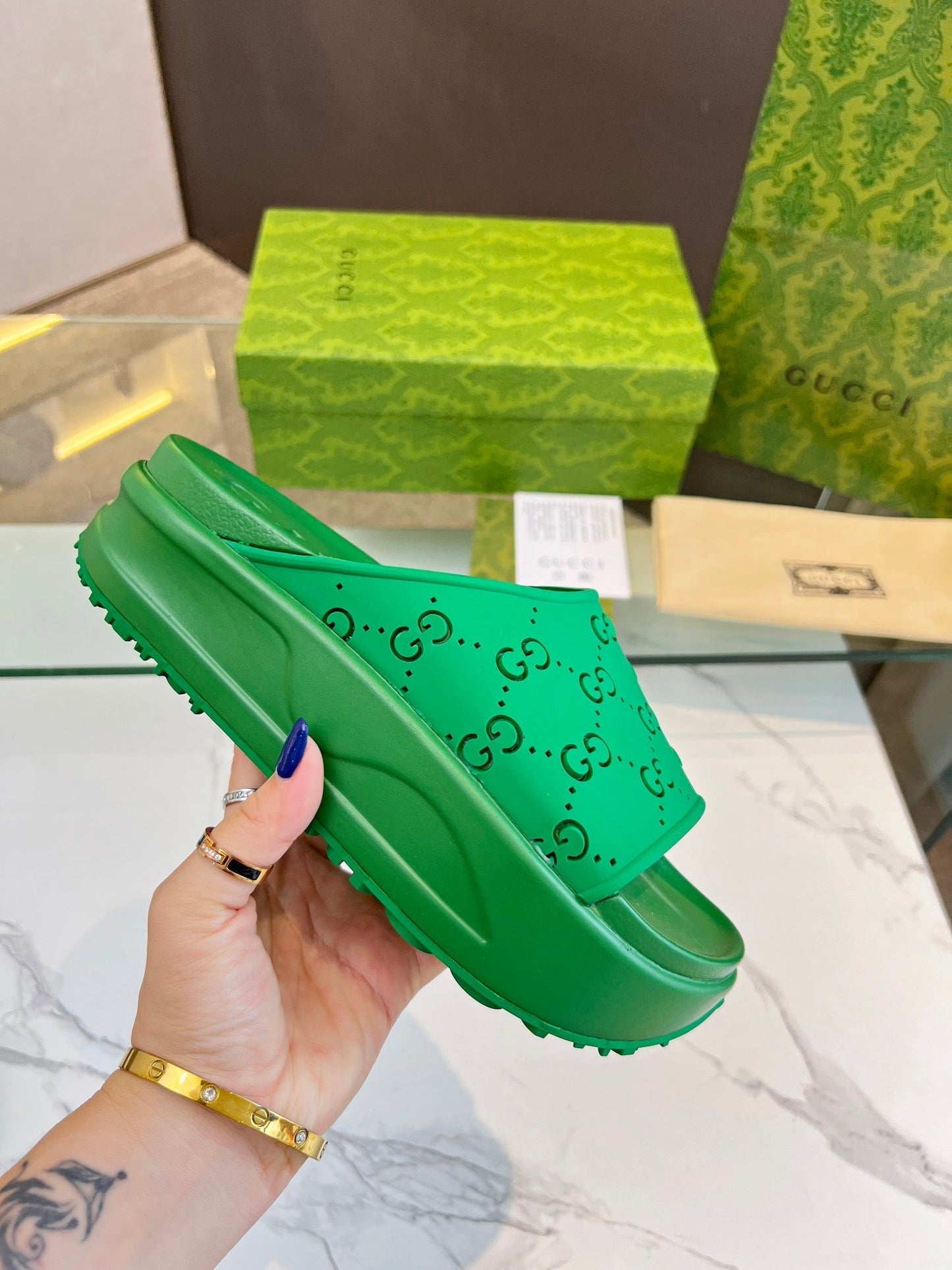 PLATFORM SANDALS IN EMERALD GREEN MONOGRAM IMPORTED TPU - 35