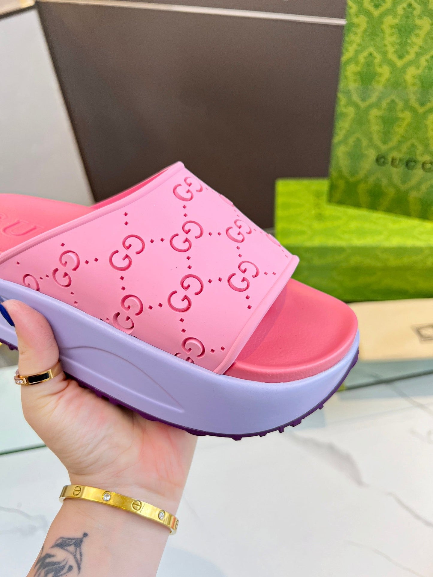 PLATFORM SANDALS IN BABY PINK MONOGRAM IMPORTED TPU - 35