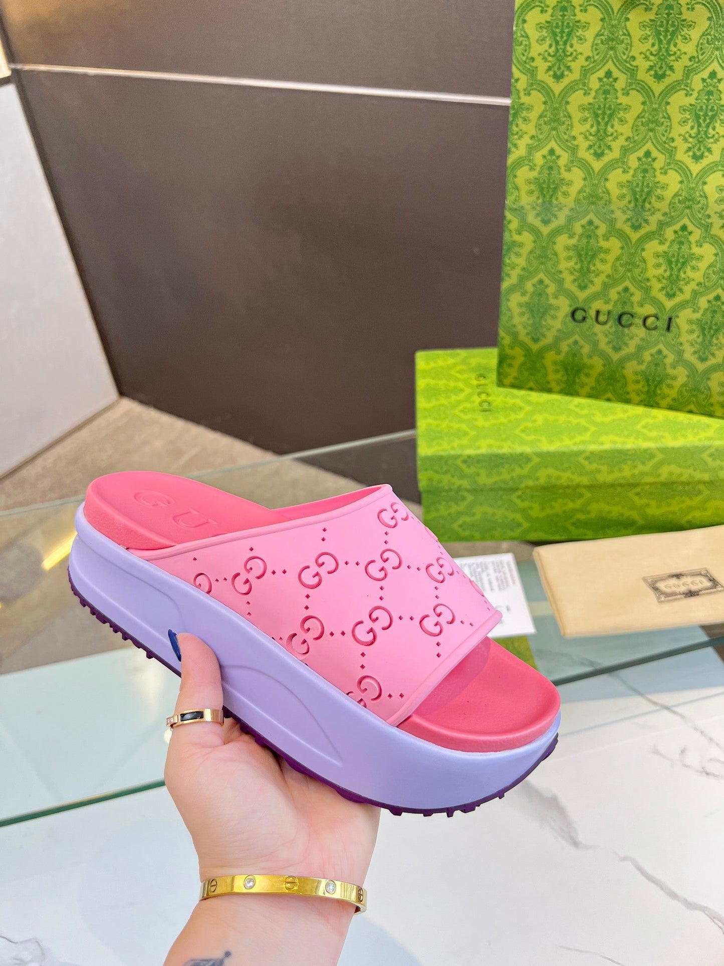 PLATFORM SANDALS IN BABY PINK MONOGRAM IMPORTED TPU - 35
