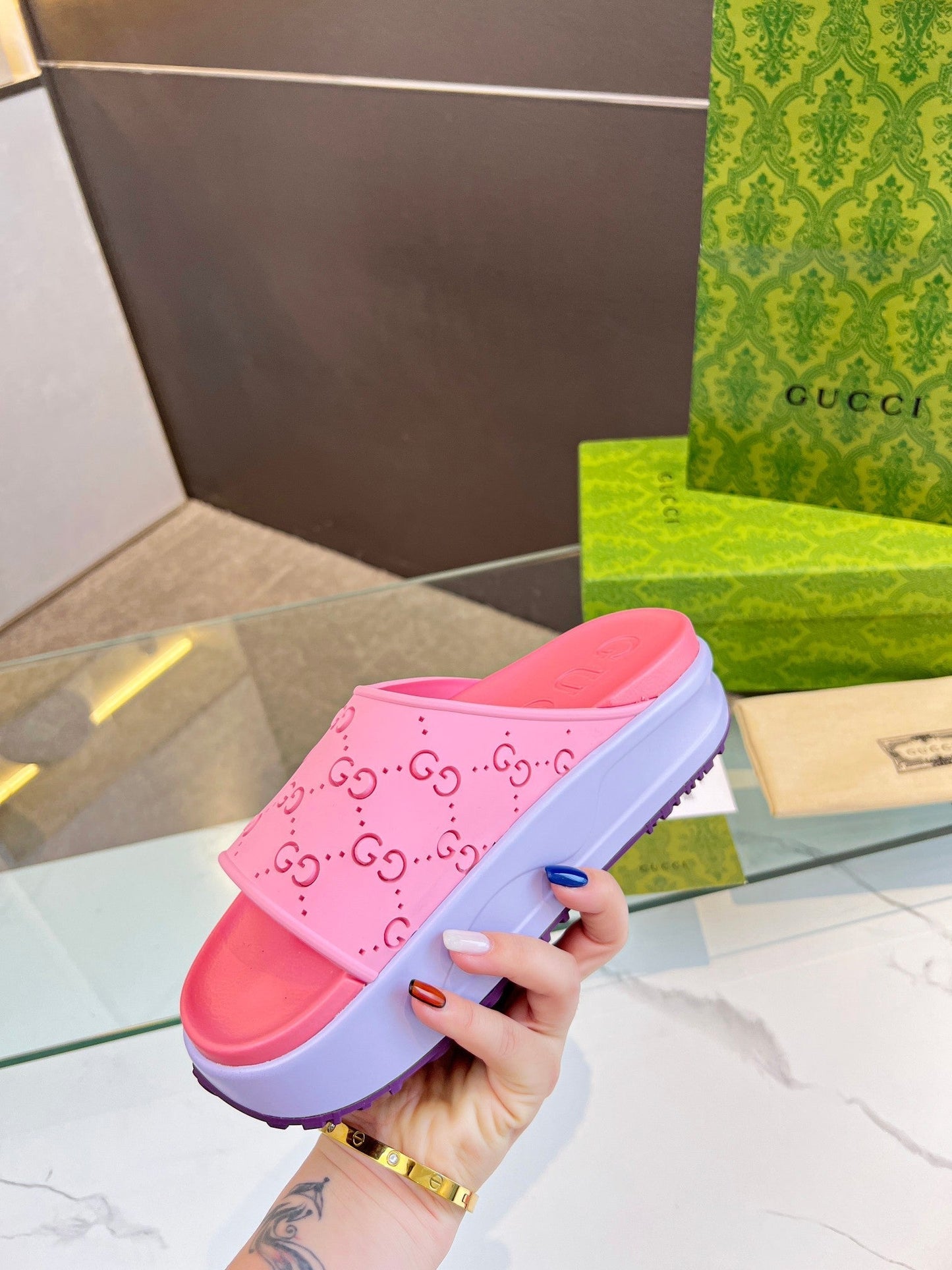PLATFORM SANDALS IN BABY PINK MONOGRAM IMPORTED TPU - 35