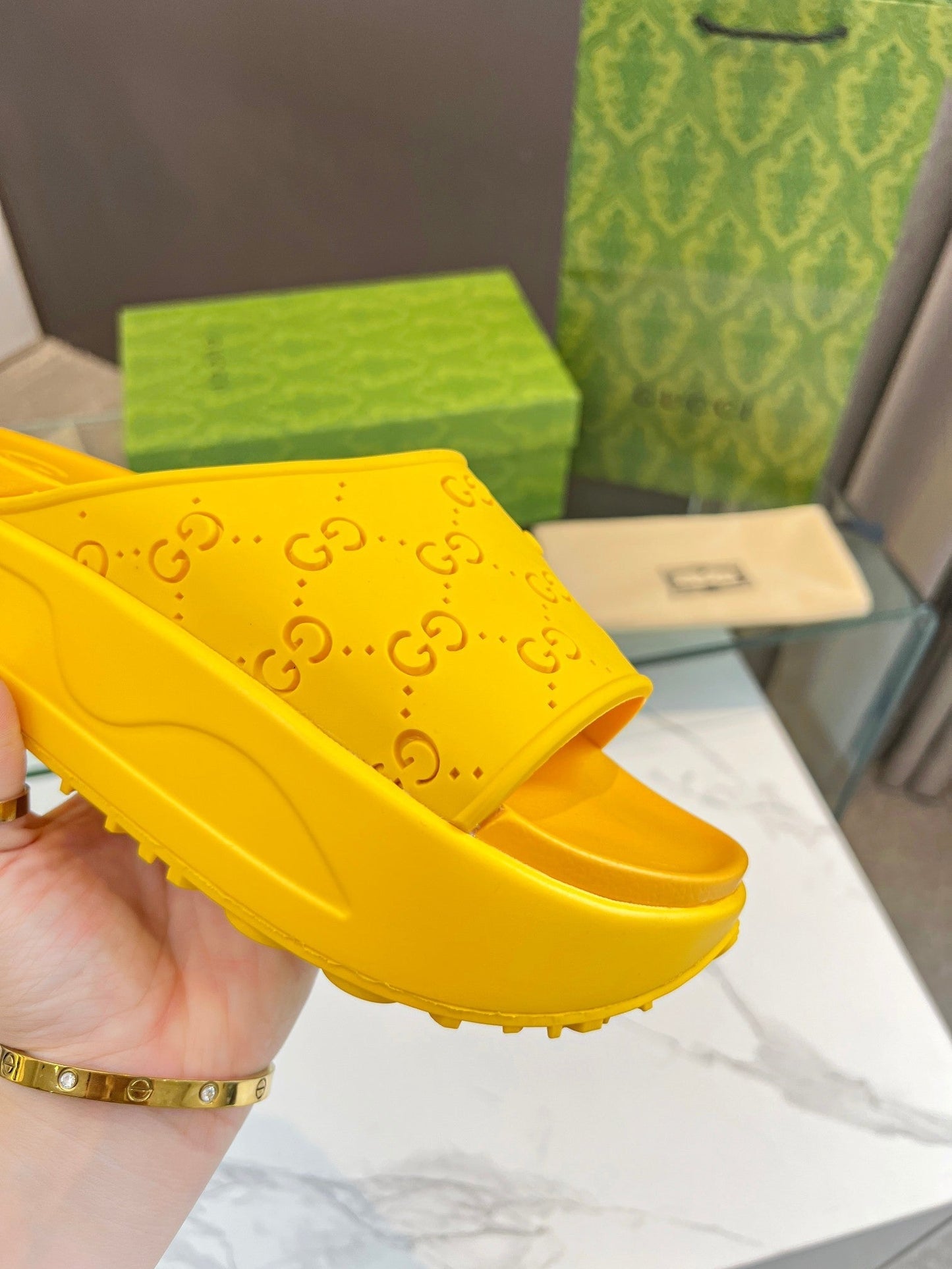 PLATFORM SANDALS IN BRIGHT YELLOW MONOGRAM IMPORTED TPU - 35