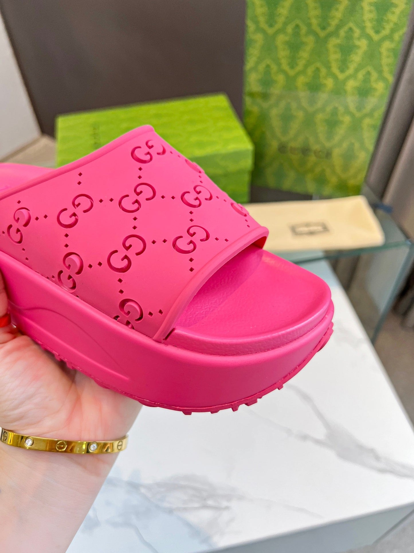 PLATFORM SANDALS IN BRIGHT PINK MONOGRAM IMPORTED TPU - 35