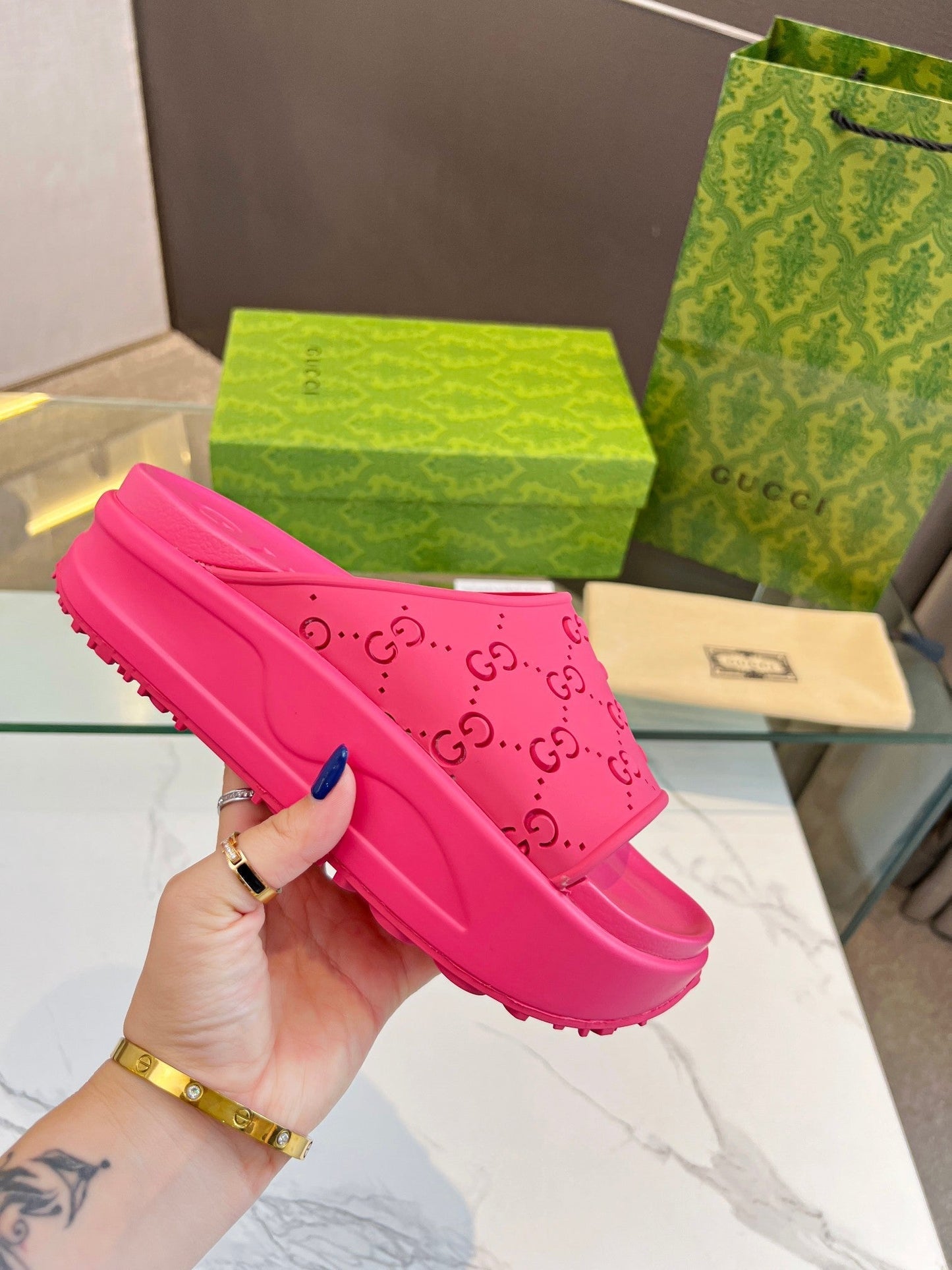 PLATFORM SANDALS IN BRIGHT PINK MONOGRAM IMPORTED TPU - 35