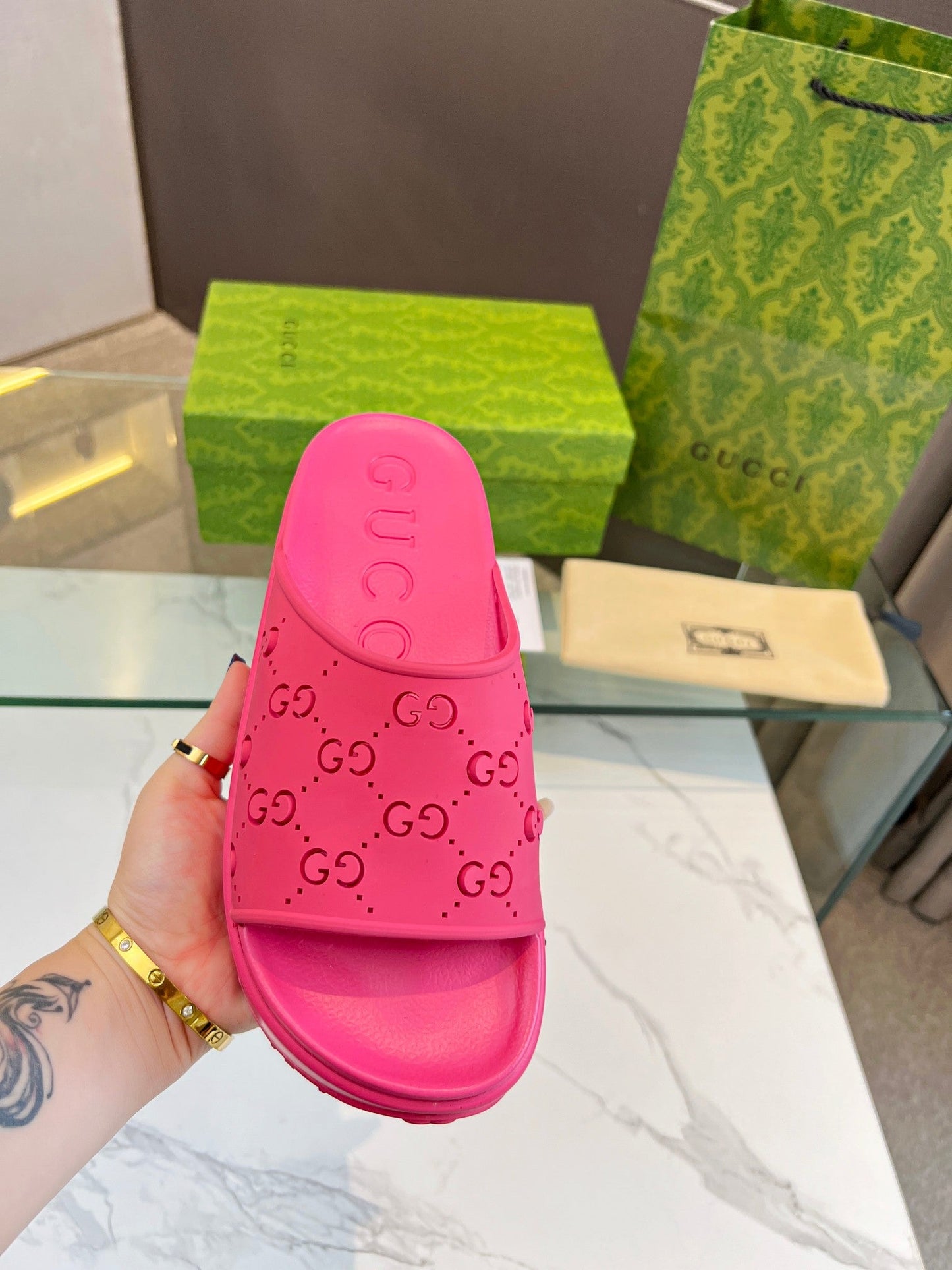 PLATFORM SANDALS IN BRIGHT PINK MONOGRAM IMPORTED TPU - 35