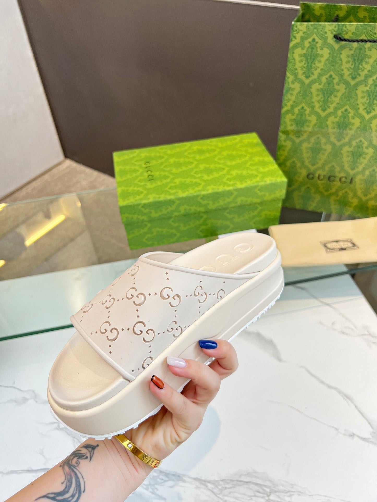PLATFORM SANDALS IN WHITE CREAM MONOGRAM IMPORTED TPU - 35