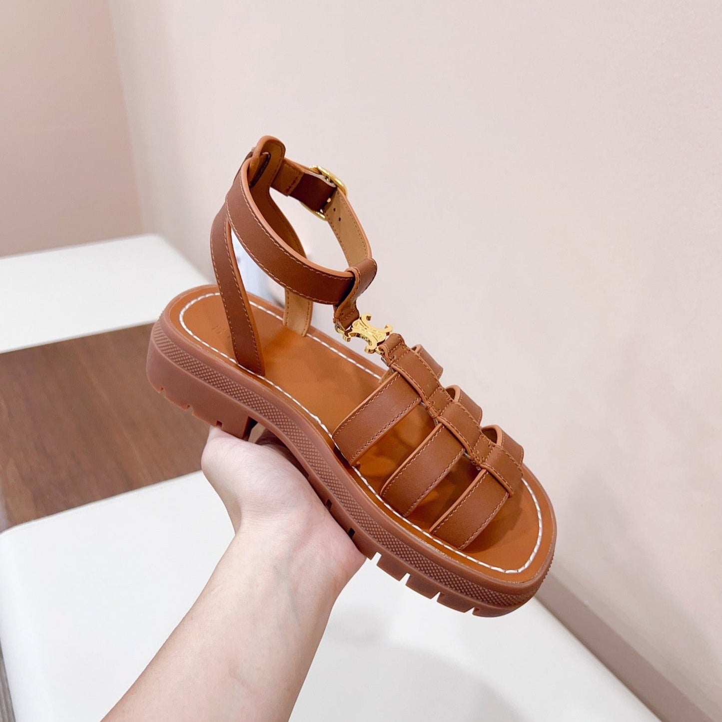 LYMPIA GLADIATOR SANDAL IN CALFSKIN TAN - 35