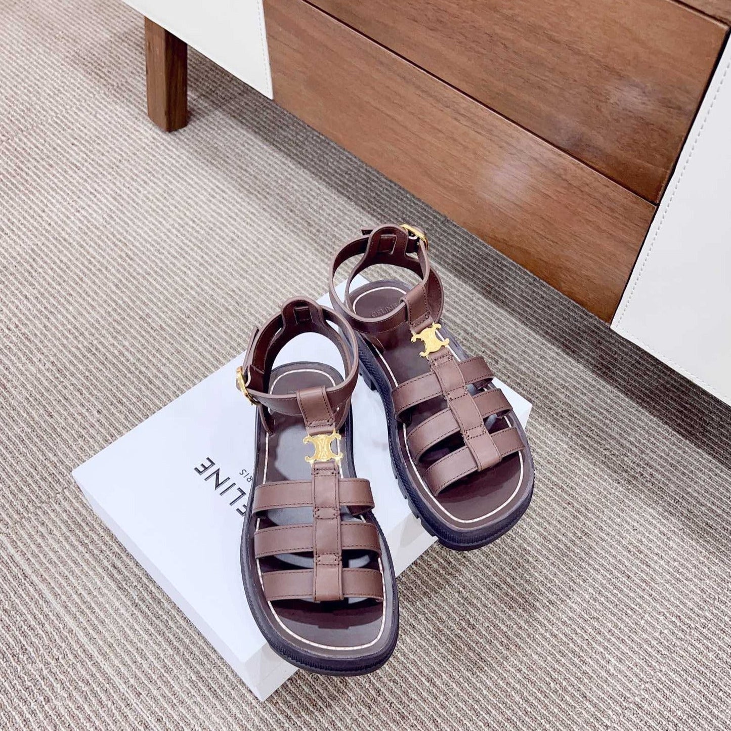 LYMPIA GLADIATOR SANDAL IN CALFSKIN CHOCOLATE BROWN - 35