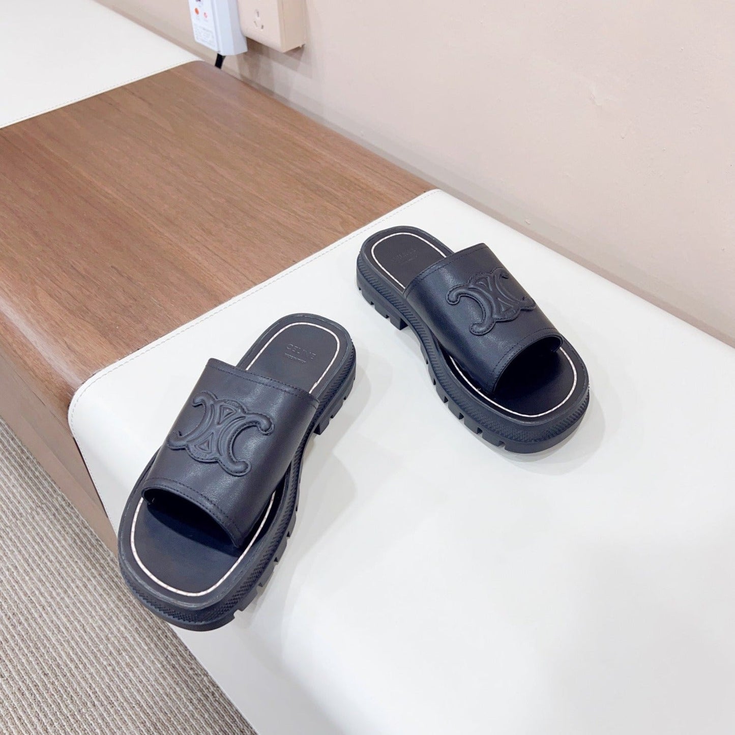 LEA TRIOMPHE PLATFORM SLIDES WOMEN VEGETABLE TANNED CALFSKIN BLACK - 35