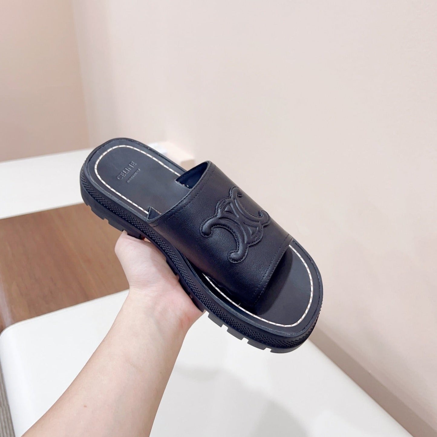 LEA TRIOMPHE PLATFORM SLIDES WOMEN VEGETABLE TANNED CALFSKIN BLACK - 35