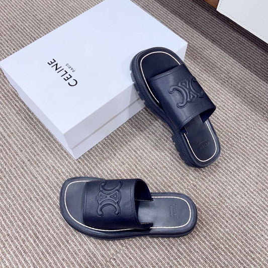 LEA TRIOMPHE PLATFORM SLIDES WOMEN VEGETABLE TANNED CALFSKIN BLACK - 35