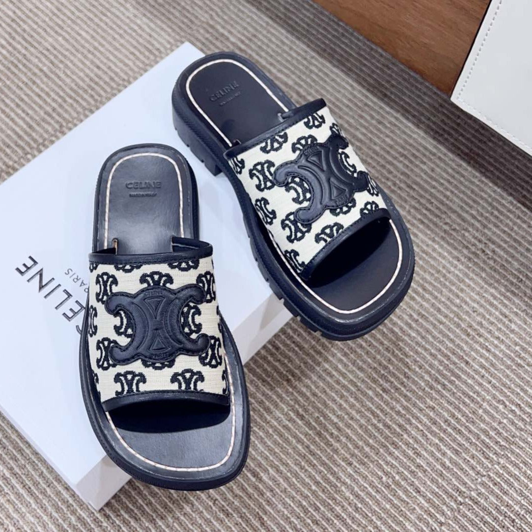 LEA TRIOMPHE PLATFORM SLIDES WOMEN VEGETABLE TANNED CALFSKIN BLACK/WHITE - 35