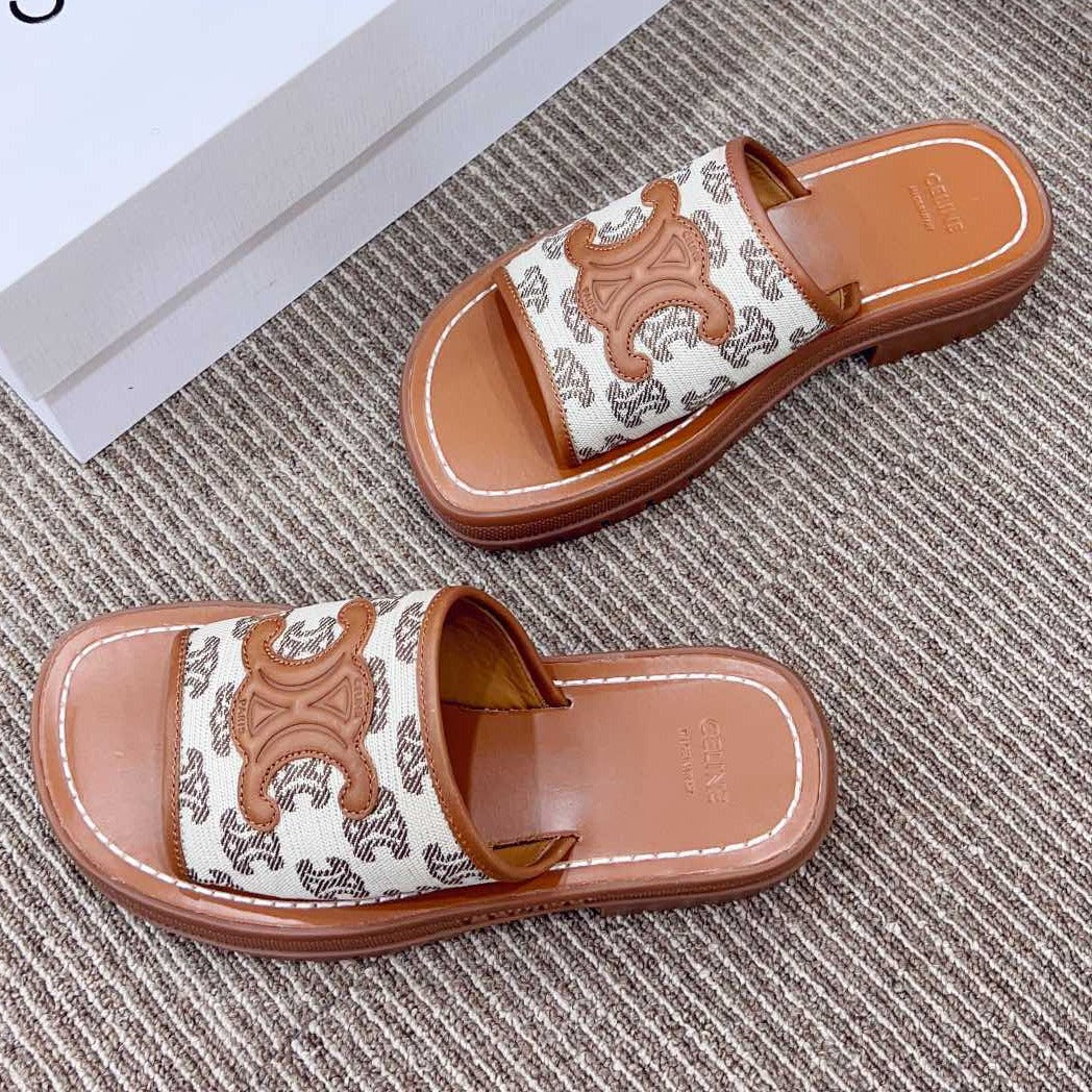 LEA TRIOMPHE PLATFORM SLIDES WOMEN VEGETABLE TANNED CALFSKIN BROWN/WHITE - 35