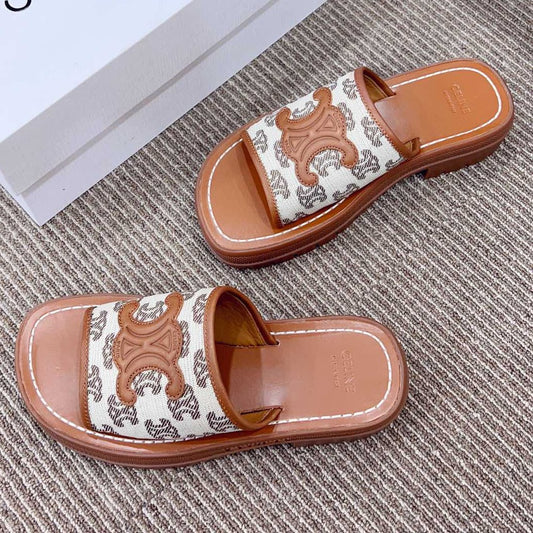 LEA TRIOMPHE PLATFORM SLIDES WOMEN VEGETABLE TANNED CALFSKIN BROWN/WHITE - 35