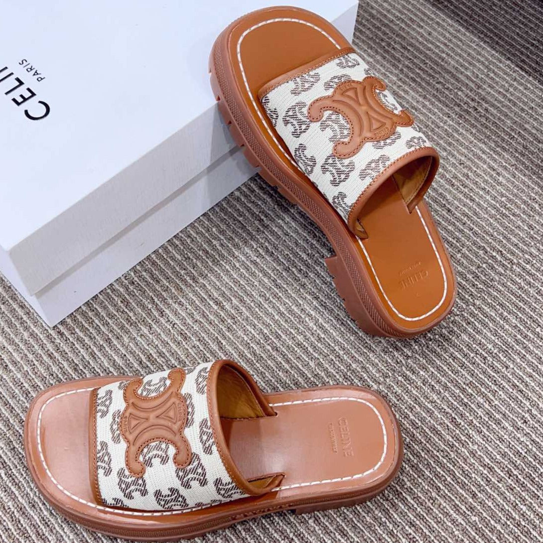 LEA TRIOMPHE PLATFORM SLIDES WOMEN VEGETABLE TANNED CALFSKIN BROWN/WHITE - 35