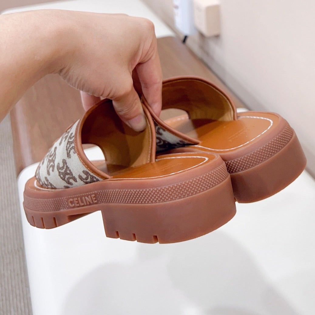 LEA TRIOMPHE PLATFORM SLIDES WOMEN VEGETABLE TANNED CALFSKIN BROWN/WHITE - 35