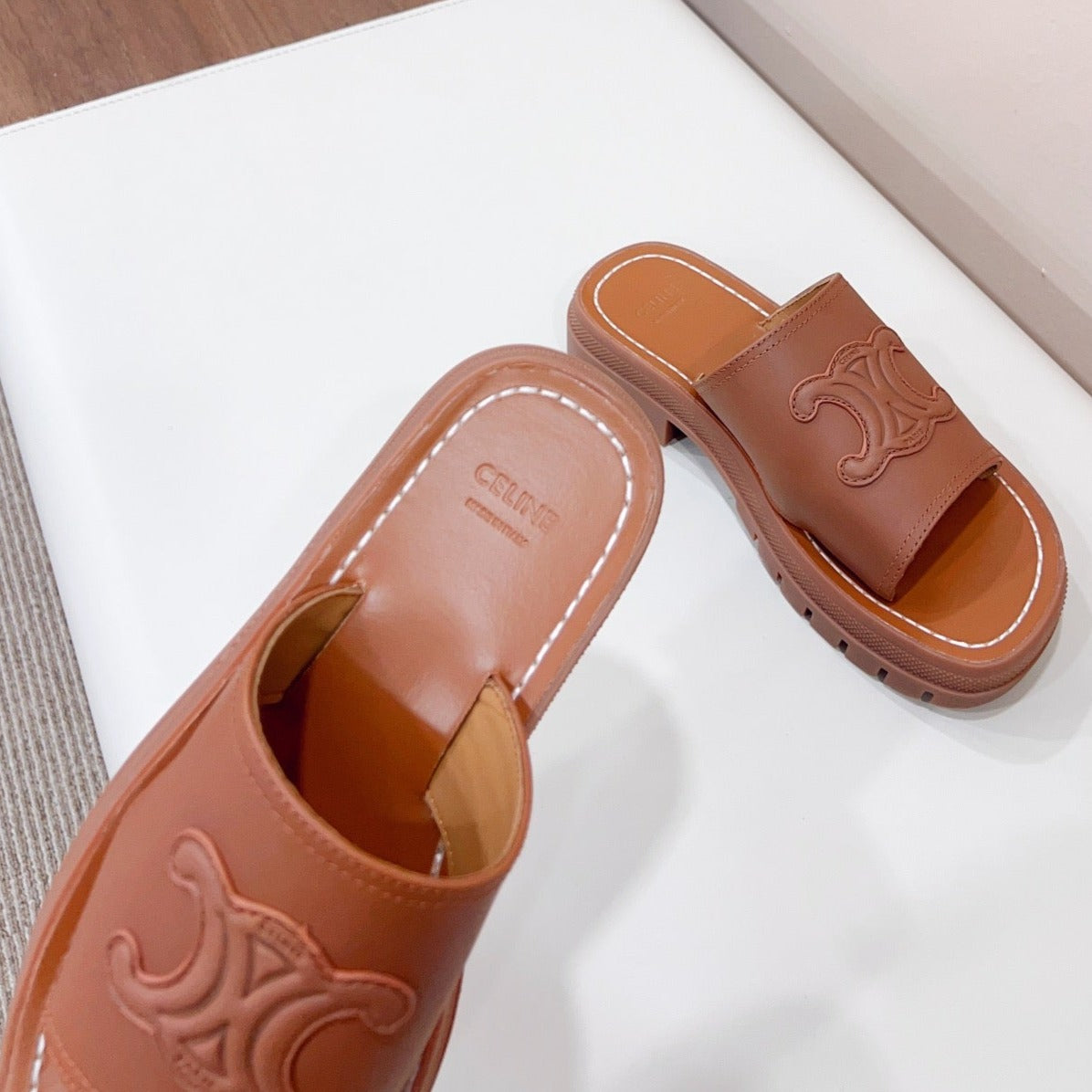 LEA TRIOMPHE PLATFORM SLIDES WOMEN VEGETABLE TANNED CALFSKIN BROWN - 35