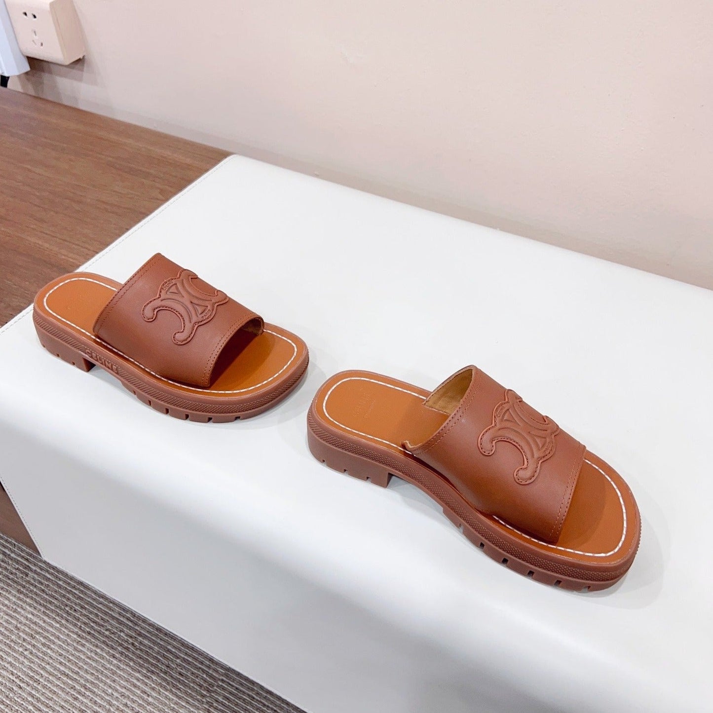 LEA TRIOMPHE PLATFORM SLIDES WOMEN VEGETABLE TANNED CALFSKIN BROWN - 35