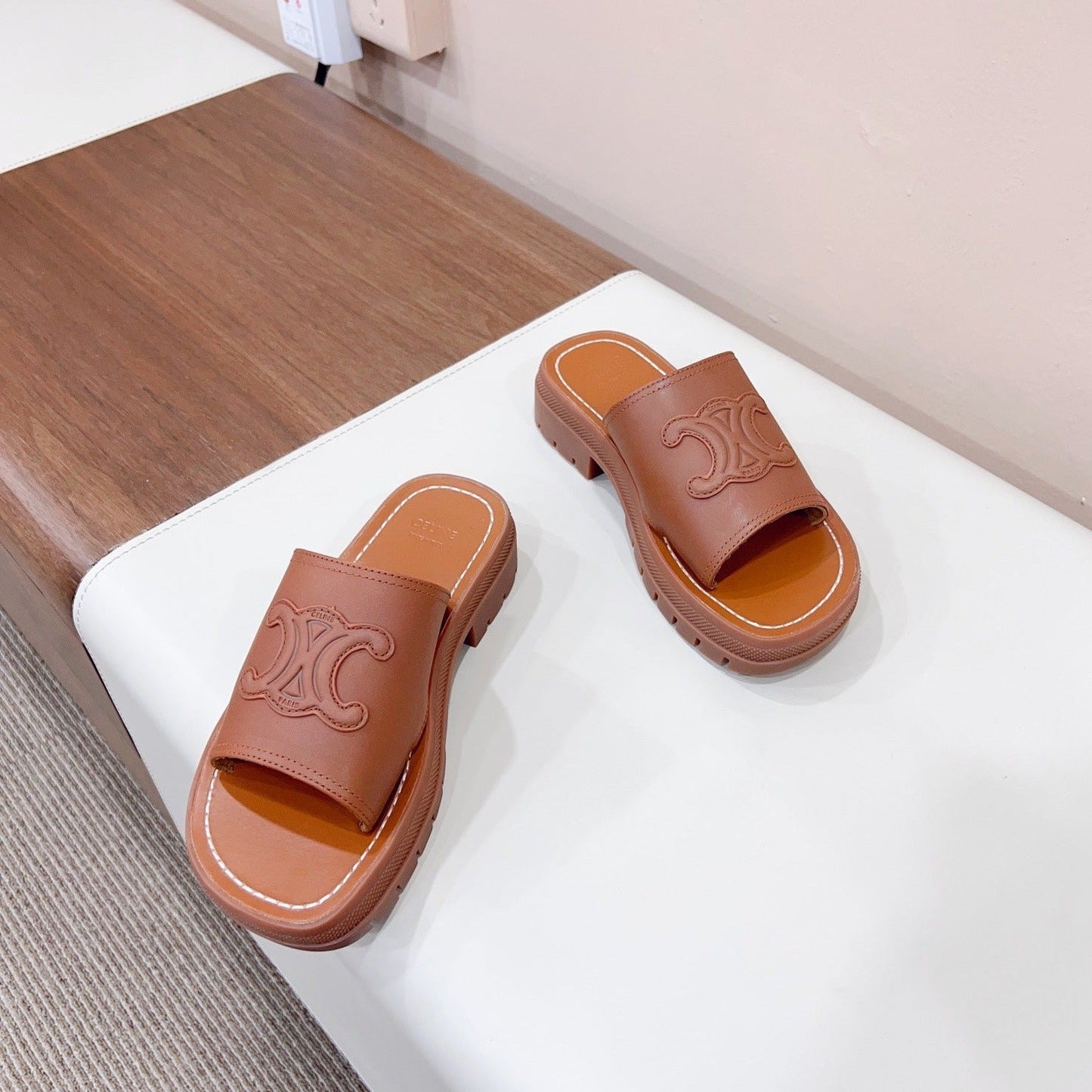 LEA TRIOMPHE PLATFORM SLIDES WOMEN VEGETABLE TANNED CALFSKIN BROWN - 35