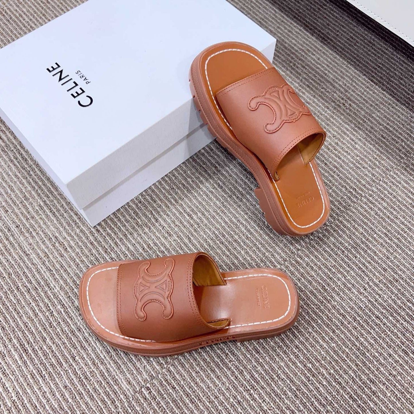 LEA TRIOMPHE PLATFORM SLIDES WOMEN VEGETABLE TANNED CALFSKIN BROWN - 35