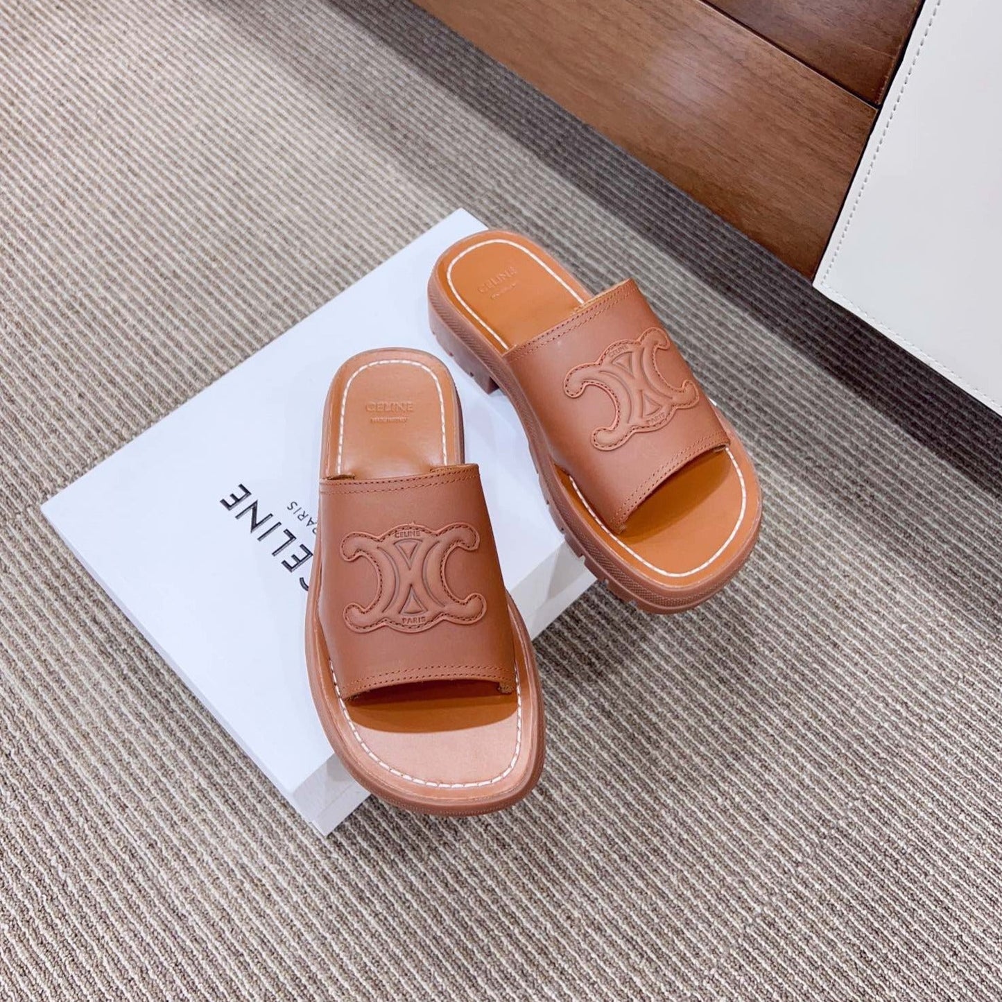 LEA TRIOMPHE PLATFORM SLIDES WOMEN VEGETABLE TANNED CALFSKIN BROWN - 35