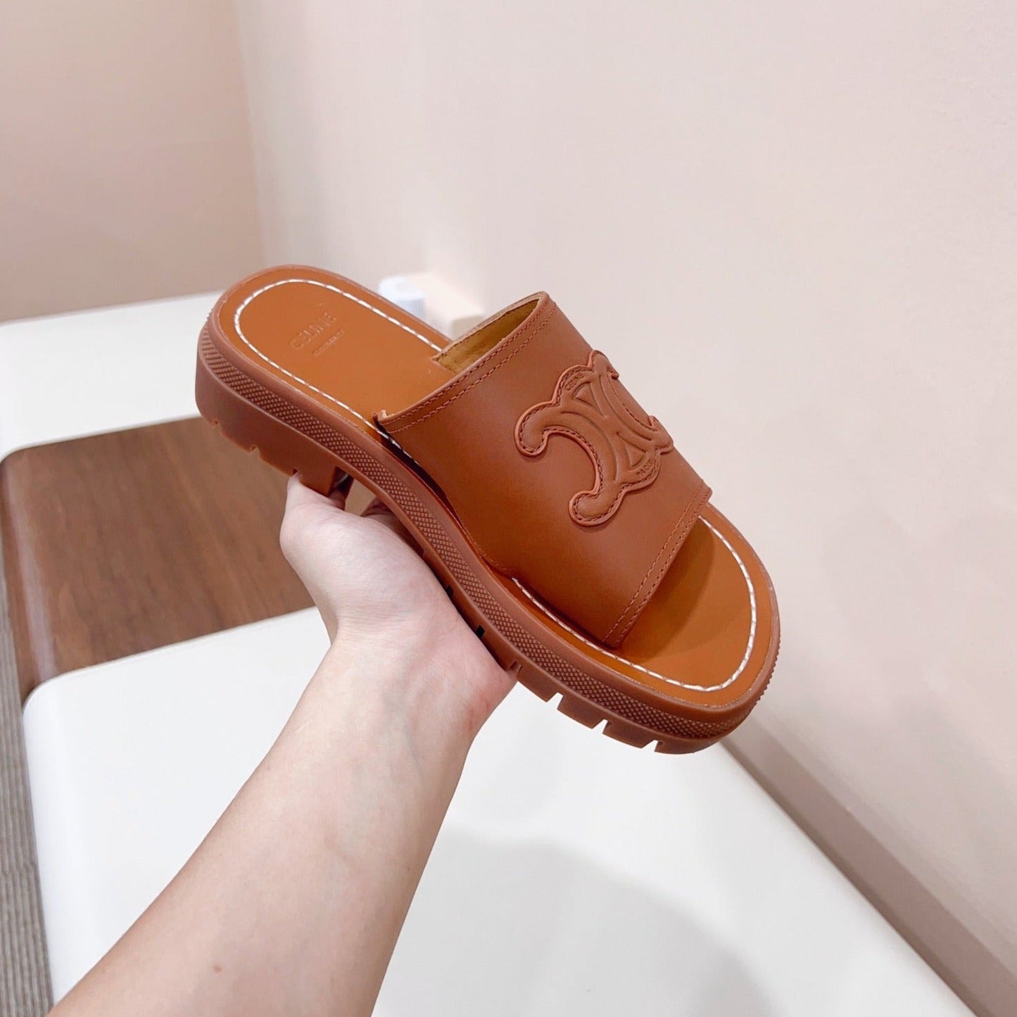 LEA TRIOMPHE PLATFORM SLIDES WOMEN VEGETABLE TANNED CALFSKIN BROWN - 35