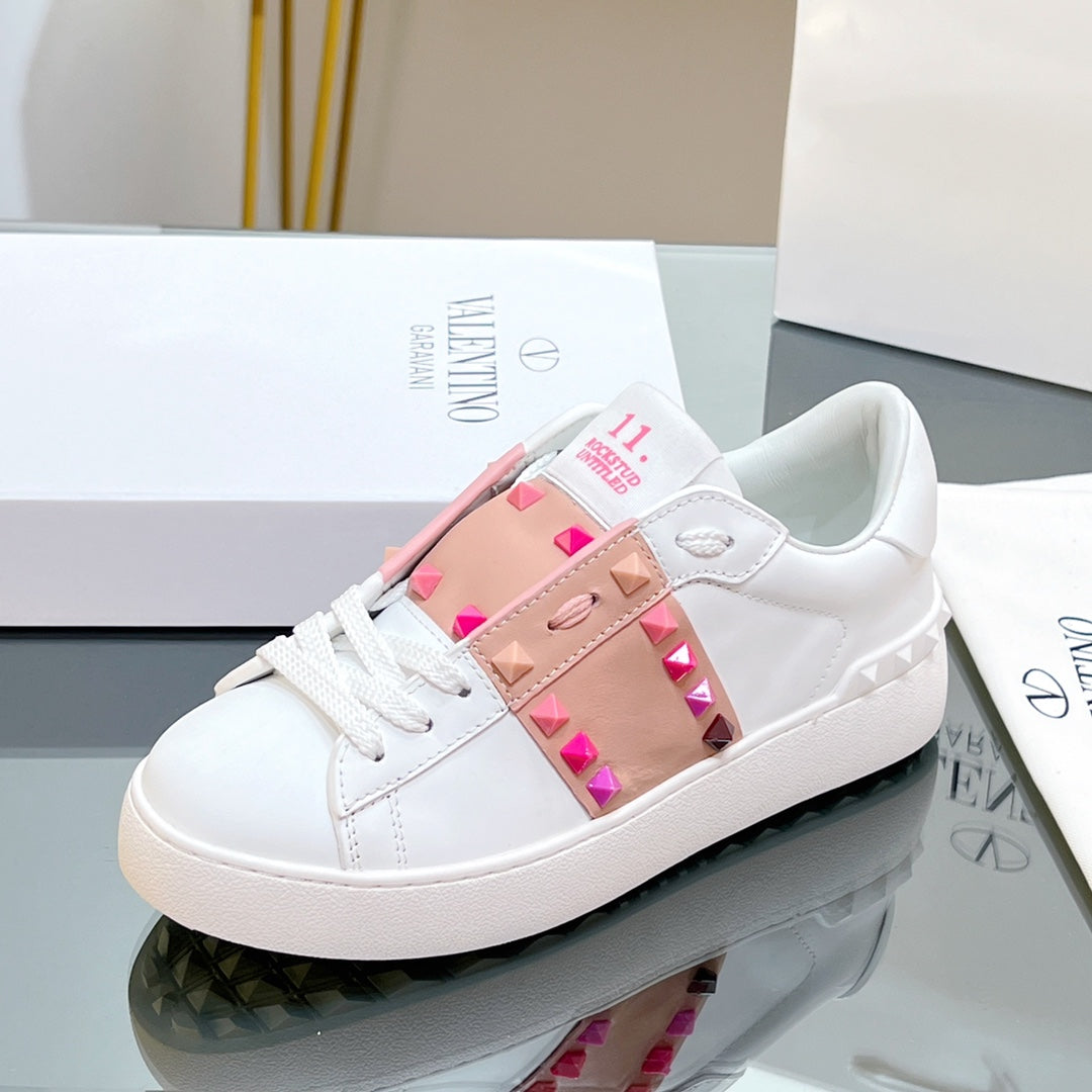 VALENTINO 25S GARAVANI ROCKSTUD UNTITLED STUDDED SNEAKERS IN WHITE MIX PINK LAMBSKIN STYLE 1 - 35