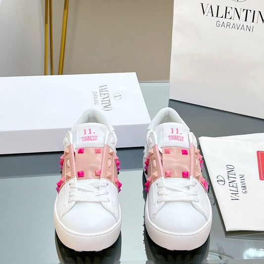 VALENTINO 25S GARAVANI ROCKSTUD UNTITLED STUDDED SNEAKERS IN WHITE MIX PINK LAMBSKIN STYLE 1 - 35