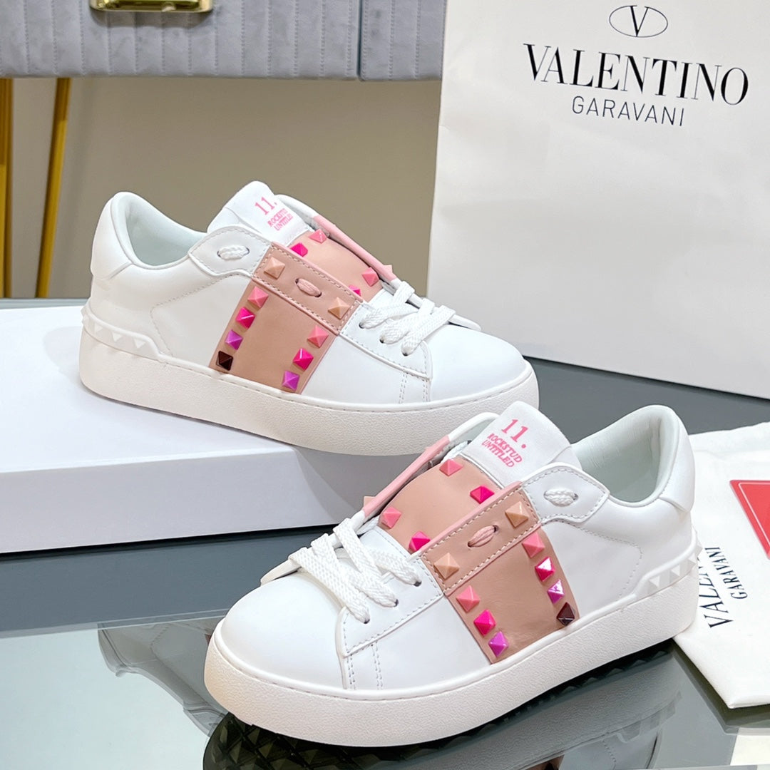 VALENTINO 25S GARAVANI ROCKSTUD UNTITLED STUDDED SNEAKERS IN WHITE MIX PINK LAMBSKIN STYLE 1 - 35