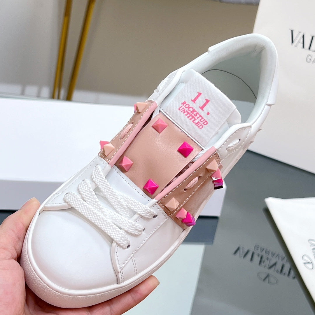 VALENTINO 25S GARAVANI ROCKSTUD UNTITLED STUDDED SNEAKERS IN WHITE MIX PINK LAMBSKIN STYLE 1 - 35