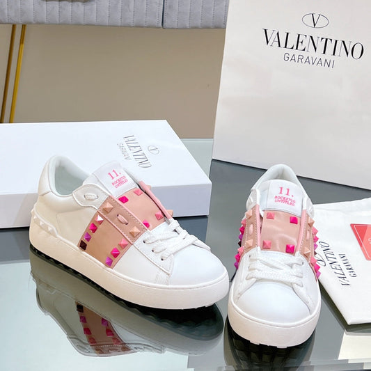 VALENTINO 25S GARAVANI ROCKSTUD UNTITLED STUDDED SNEAKERS IN WHITE MIX PINK LAMBSKIN STYLE 1 - 35