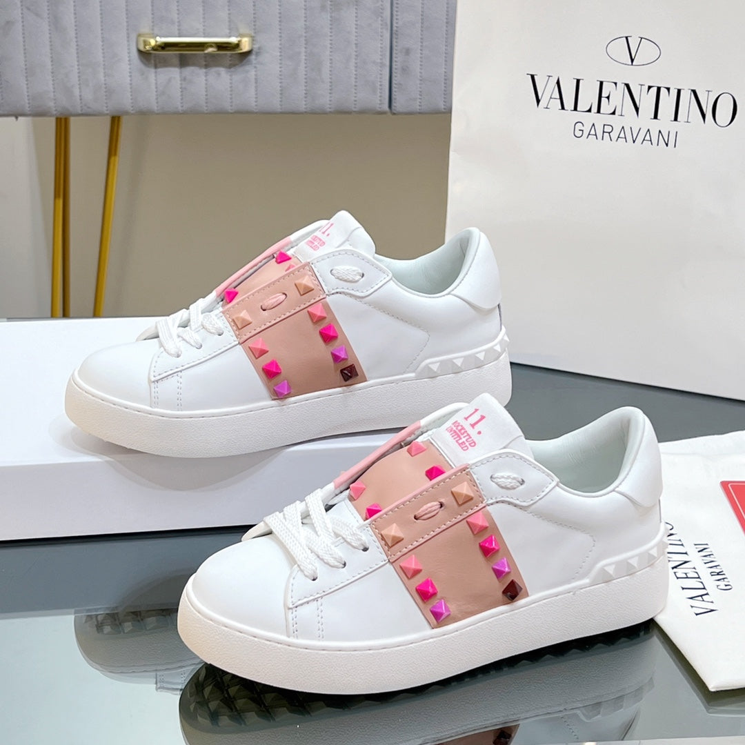 VALENTINO 25S GARAVANI ROCKSTUD UNTITLED STUDDED SNEAKERS IN WHITE MIX PINK LAMBSKIN STYLE 1 - 35