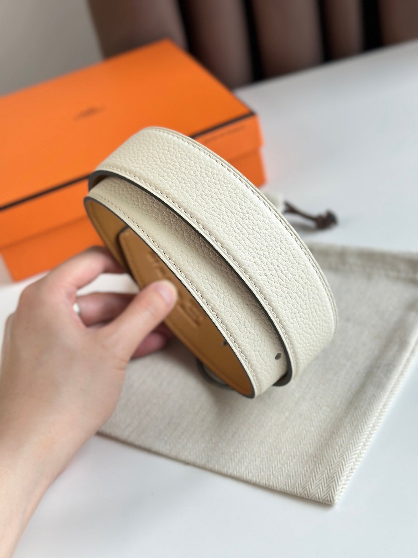 HM ROMAIN 35MM BELT WHITE CREAM LEATHER SILVER HARDWARE - 30
