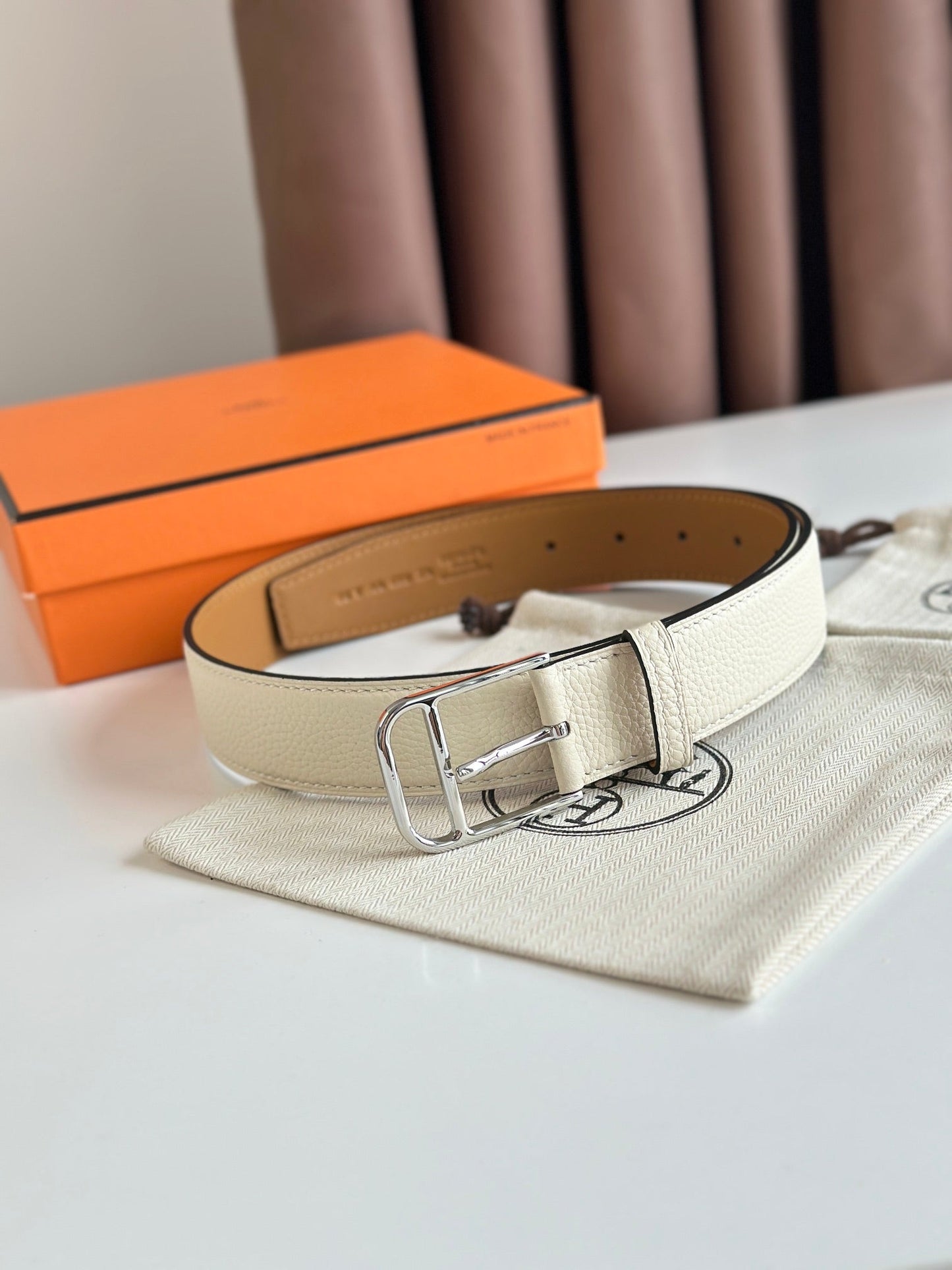 HM ROMAIN 35MM BELT WHITE CREAM LEATHER SILVER HARDWARE - 30