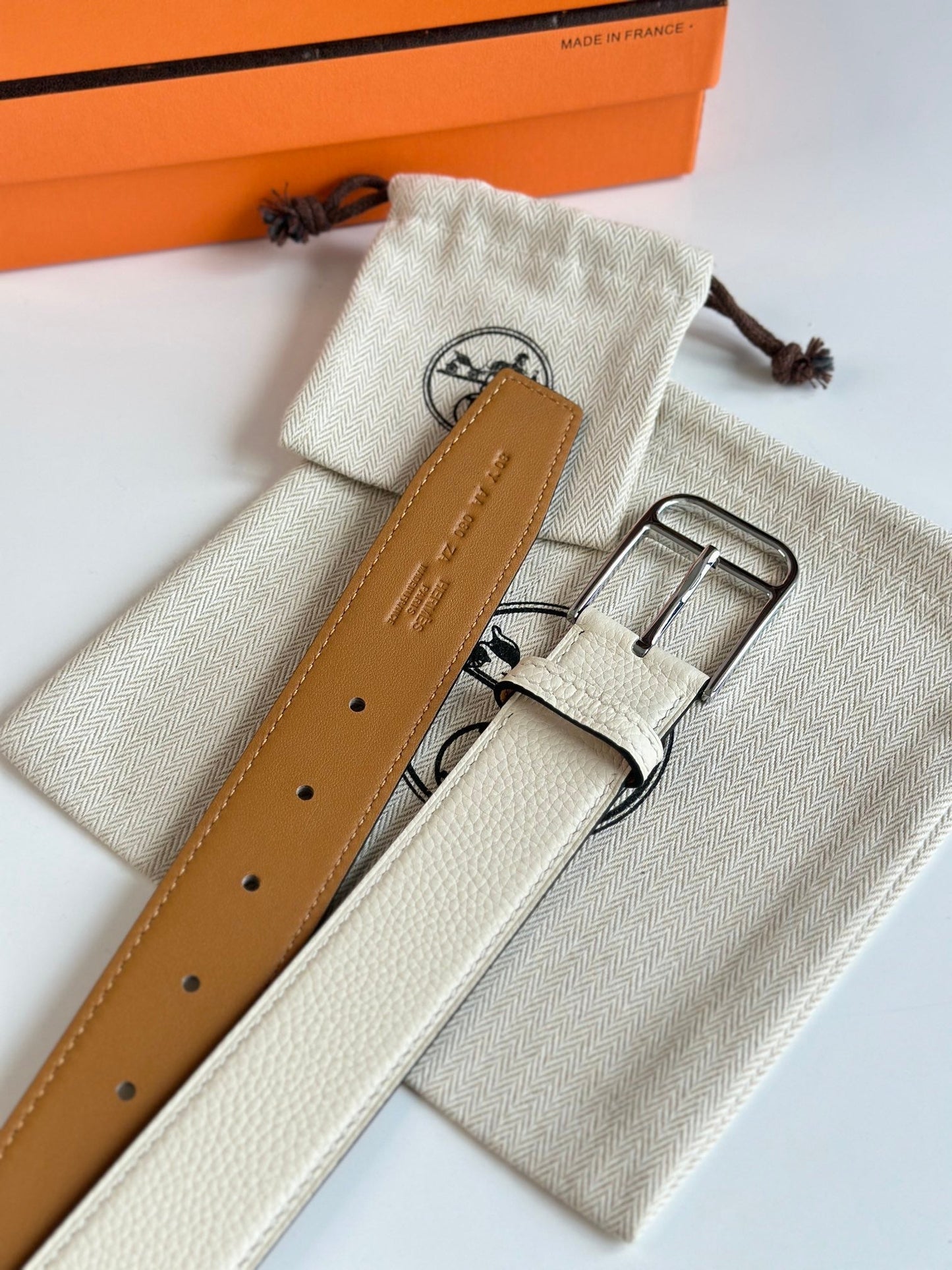HM ROMAIN 35MM BELT WHITE CREAM LEATHER SILVER HARDWARE - 30