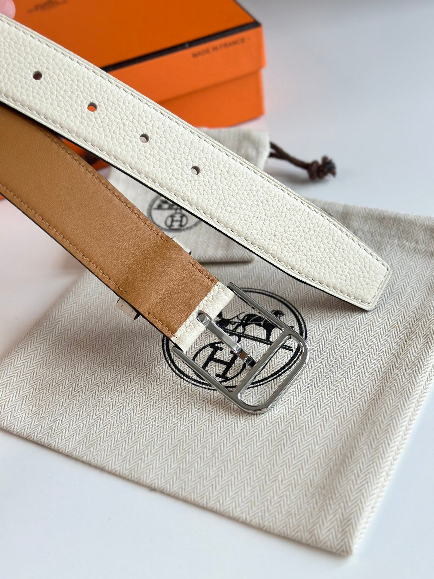 HM ROMAIN 35MM BELT WHITE CREAM LEATHER SILVER HARDWARE - 30